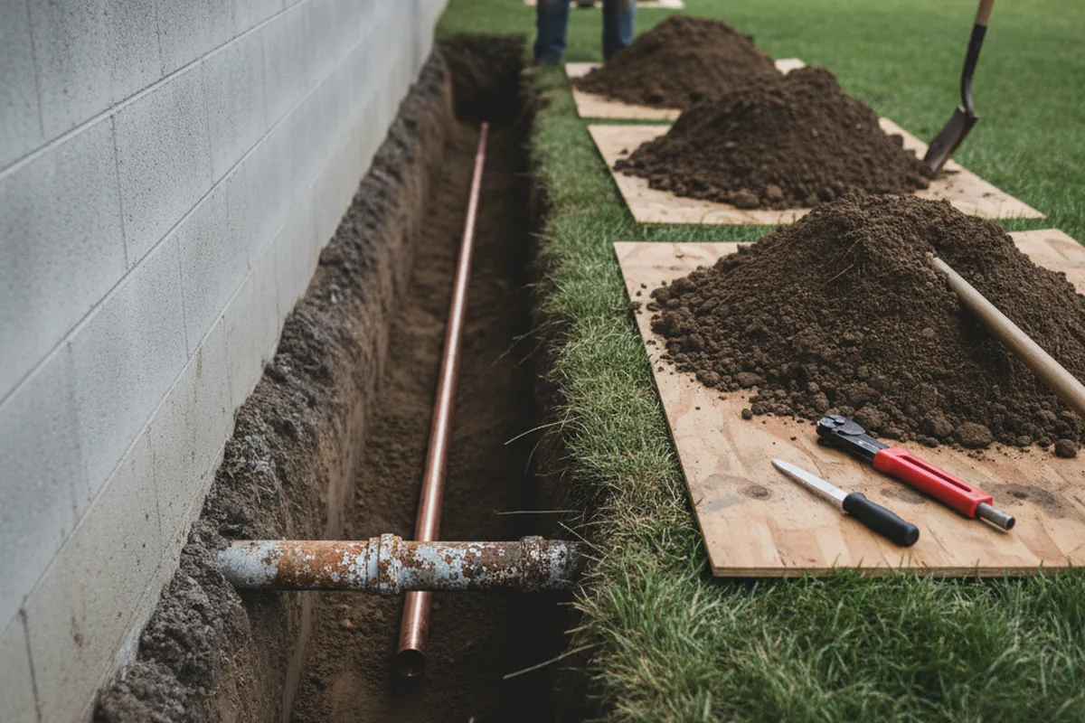 Excavated water line trench during Water Heater Repair in Chester